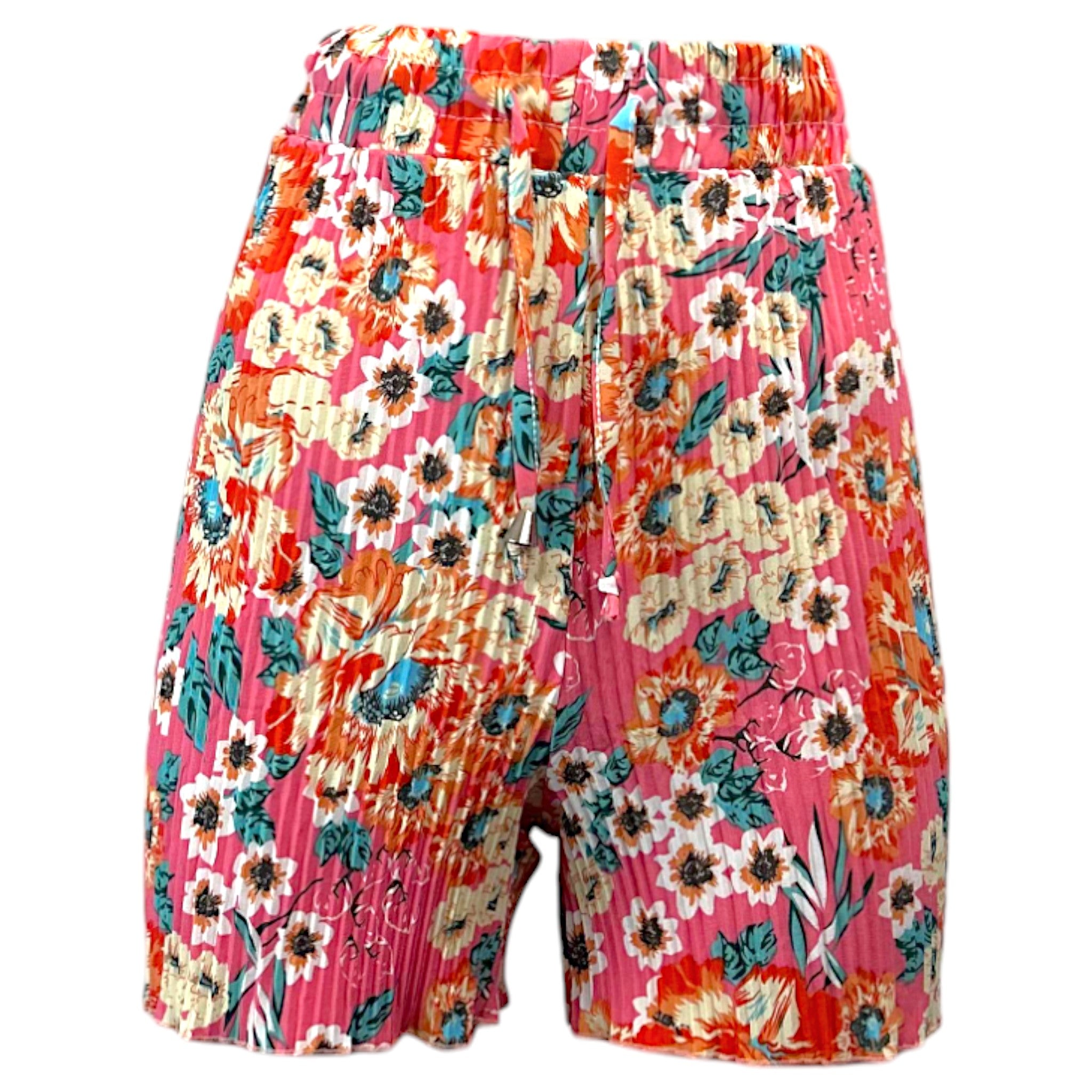 Women's pleated floral shorts with drawstring waist – vibrant pink background with orange, cream, and teal flower print